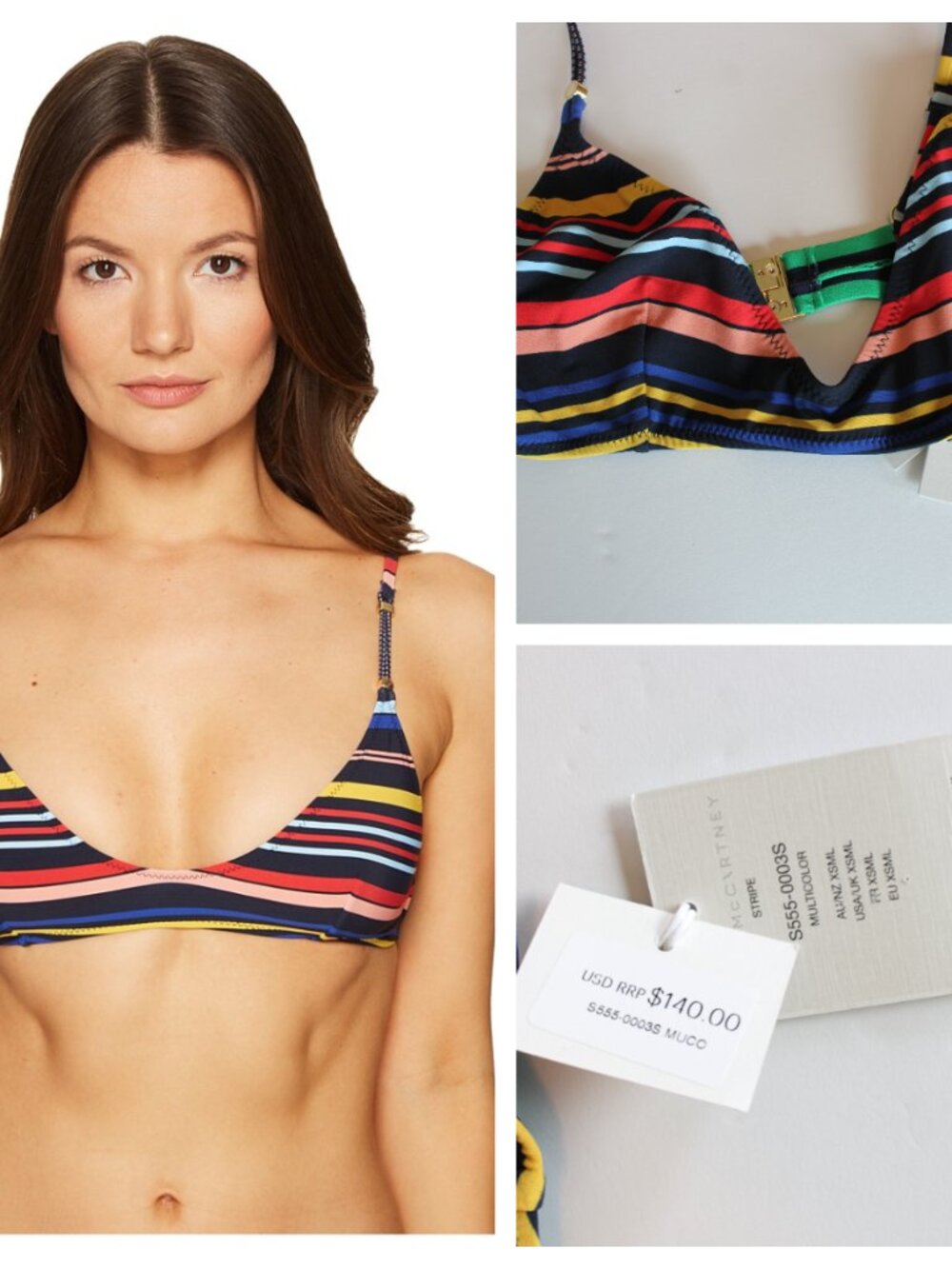 Stella MCartney Swim Bikini Bralette Top Black Multicolor Stripe XSmall NWT